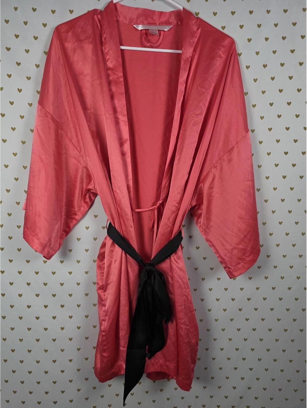Victorias Secret Satin Silky Robe Coral Black One Size Fits All Kimono Smock